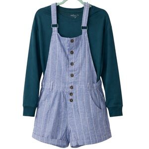 Indigo Rein Linen Blend Striped Denim Short Overalls Medium Blue M NWT